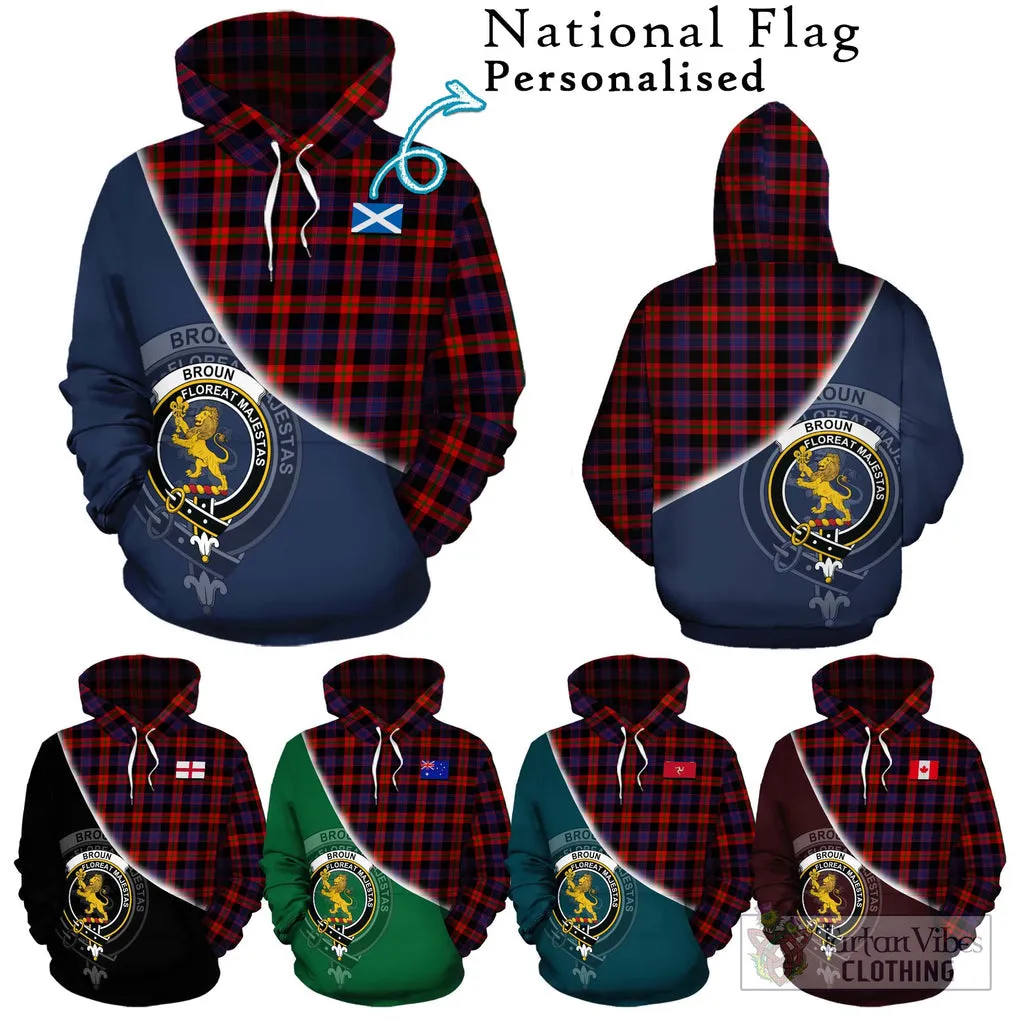 Broun Modern Tartan Hoodie with Personalised National Flag and Family Crest Half Style