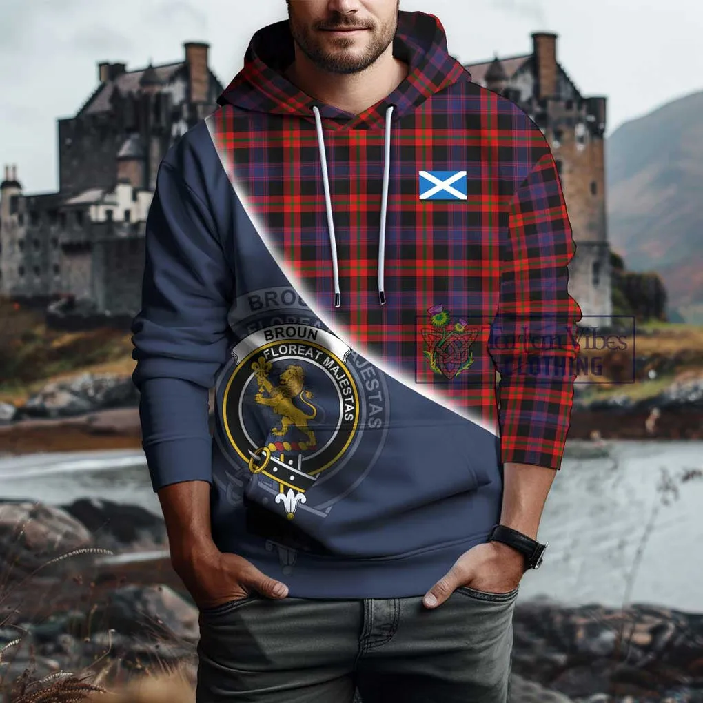 Broun Modern Tartan Hoodie with Personalised National Flag and Family Crest Half Style