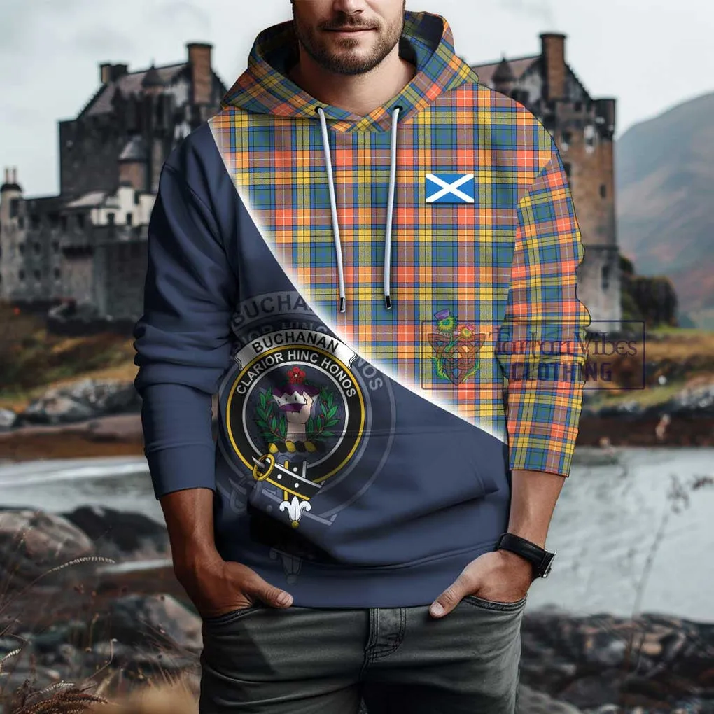 Buchanan Ancient Tartan Hoodie with Personalised National Flag and Family Crest Half Style