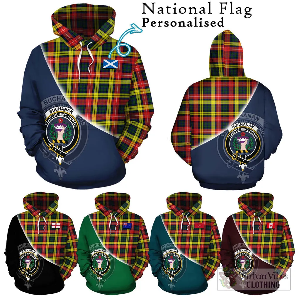 Buchanan Modern Tartan Hoodie with Personalised National Flag and Family Crest Half Style