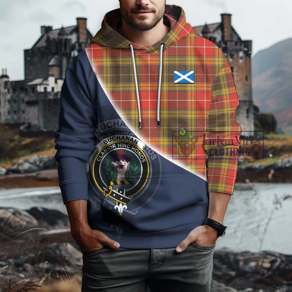 Buchanan Old Set Weathered Tartan Hoodie with Personalised National Flag and Family Crest Half Style