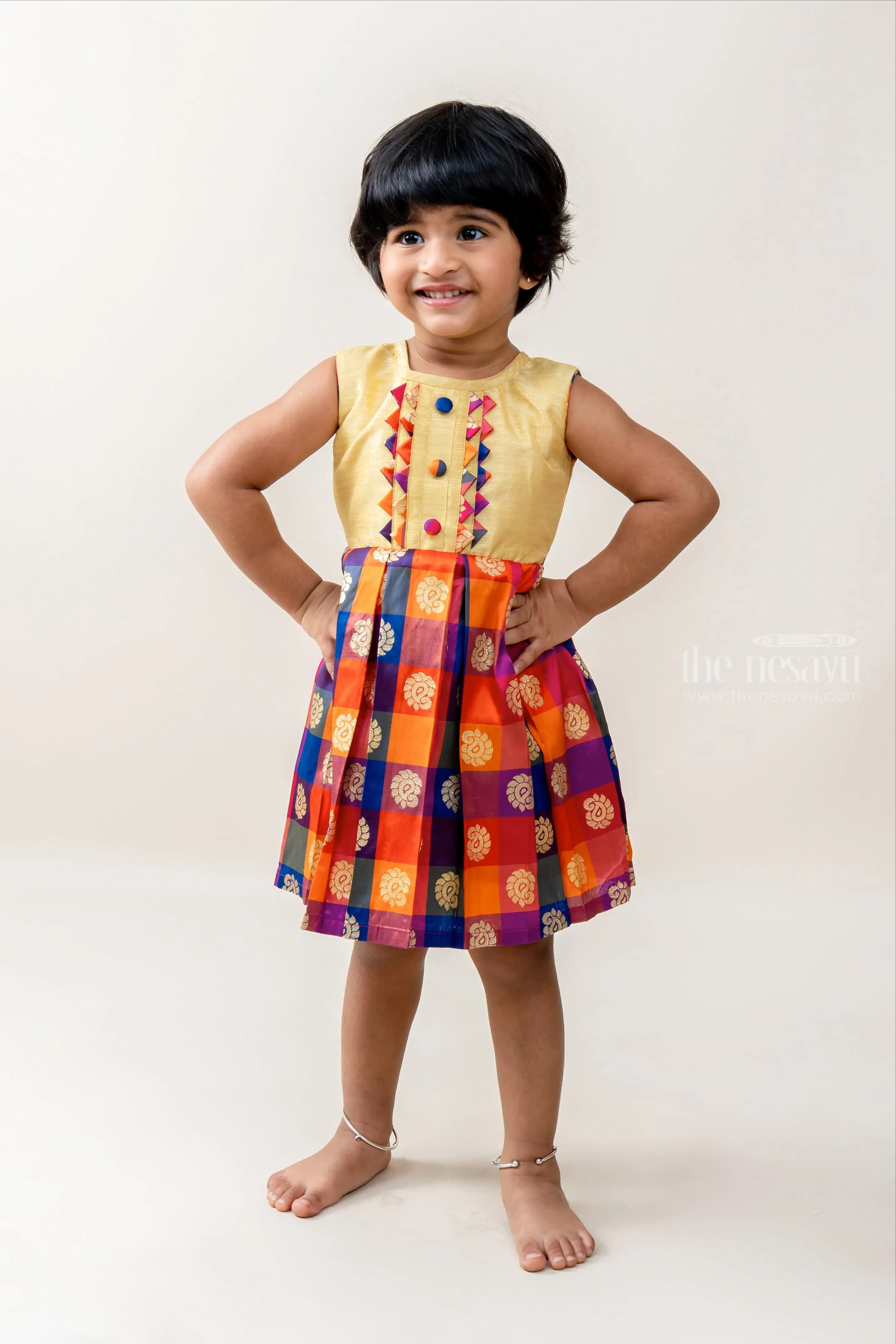 Checked Multicolor Banarasi Jacquard Silk Frock For Baby Girl