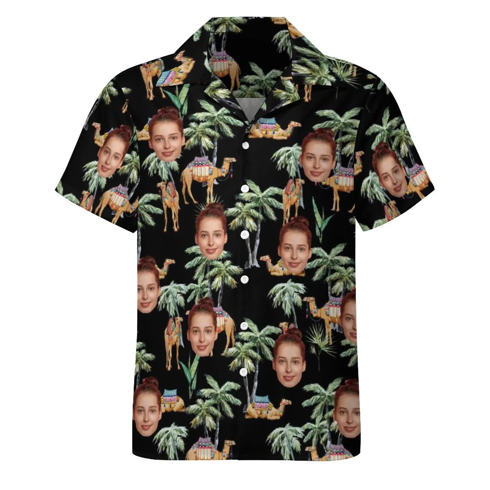 Custom Face Palm Trees and Camels Black Men's Lapel Shirt Cuban Collar Hawaiian Shirt