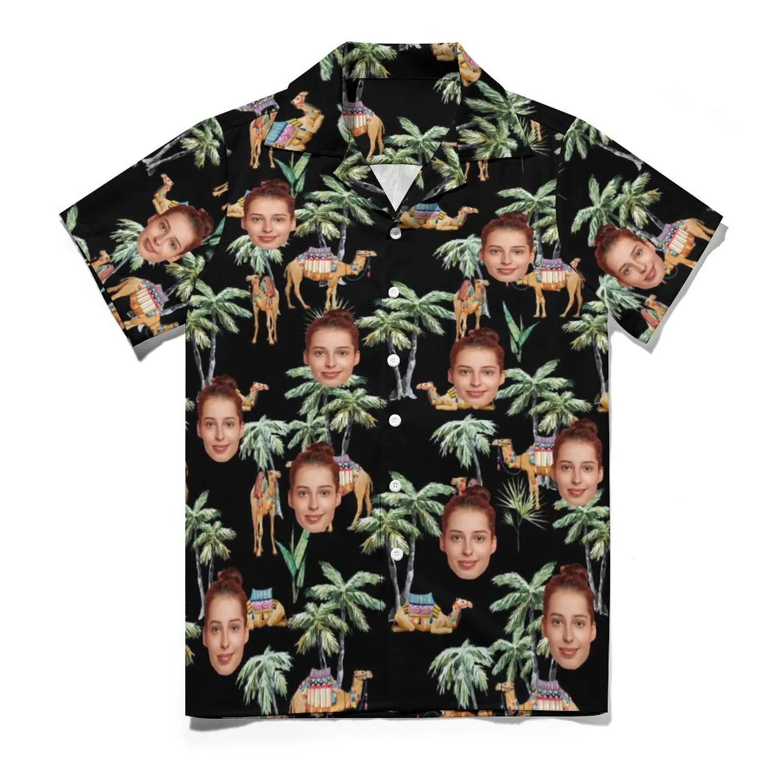 Custom Face Palm Trees and Camels Black Men's Lapel Shirt Cuban Collar Hawaiian Shirt