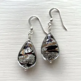 Earrings with black pastel graffiti, aventurine, white gold Murano glass medium pear drops