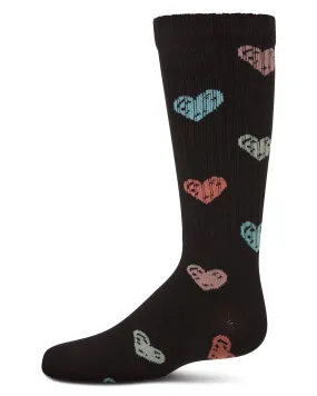 Girls Ribbed Cotton Blend "Multi Graffiti Hearts" Knee Sock