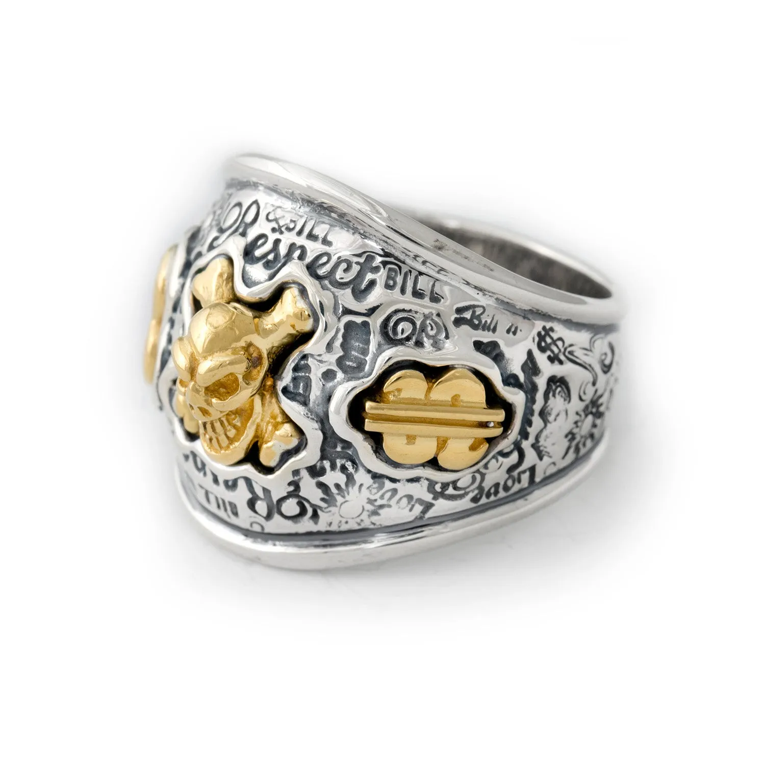 Graffiti Dome Ring with "SKULL & CROSSBONES" Top "HEART & $" Tag