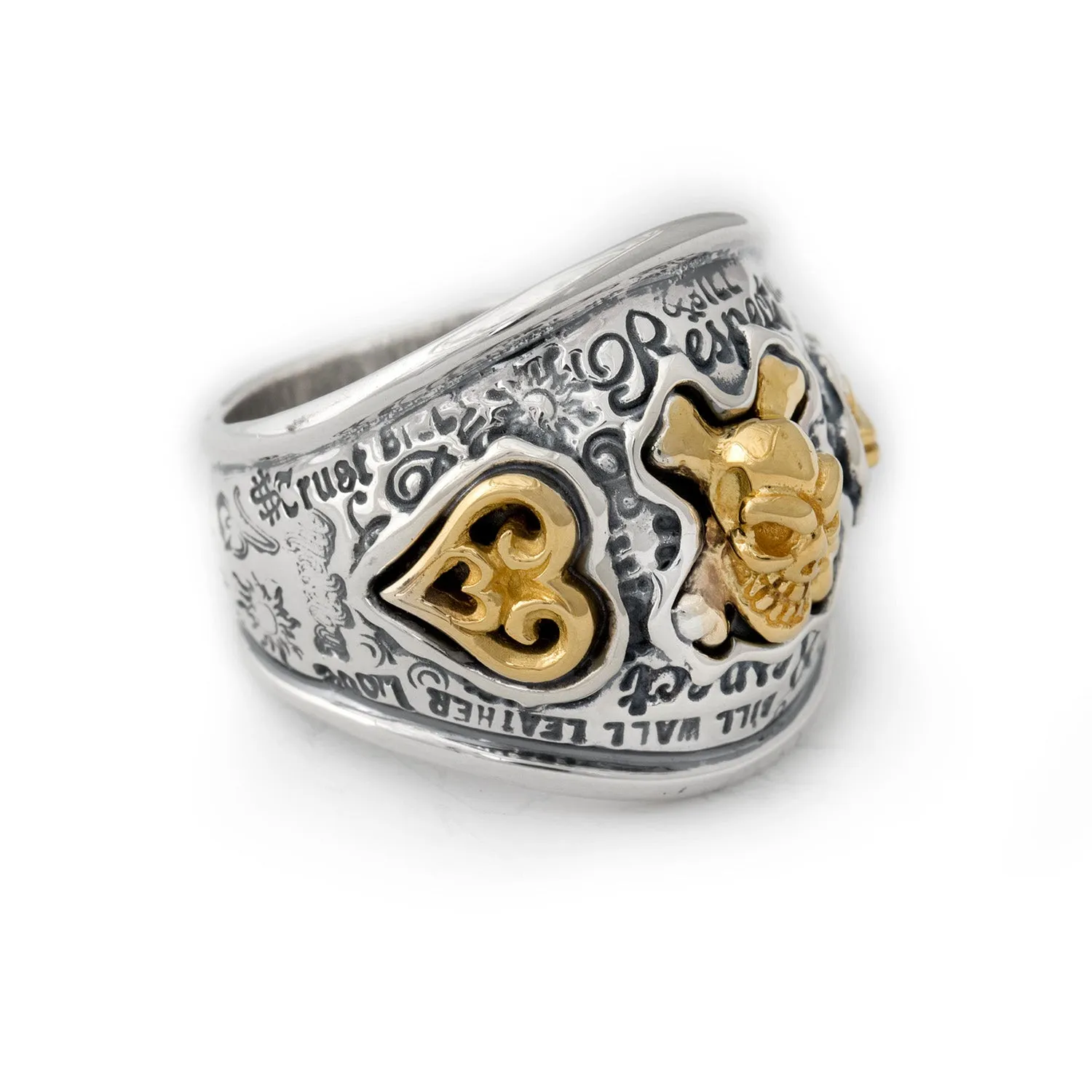 Graffiti Dome Ring with "SKULL & CROSSBONES" Top "HEART & $" Tag