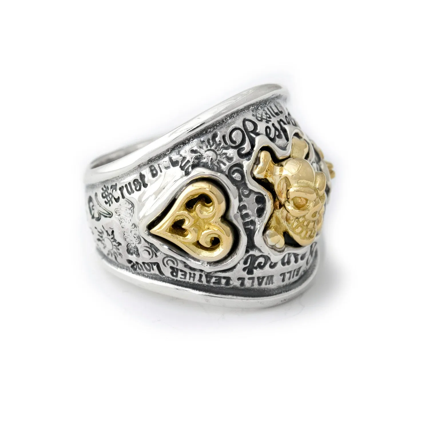 Graffiti Dome Ring with "SKULL & CROSSBONES" Top "HEART & $" Tag