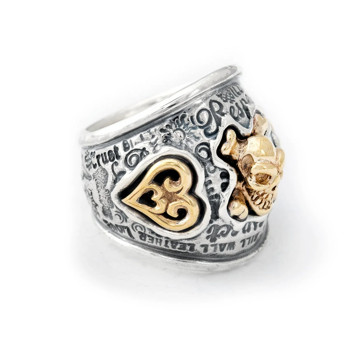 Graffiti Dome Ring with "SKULL & CROSSBONES" Top "HEART & $" Tag