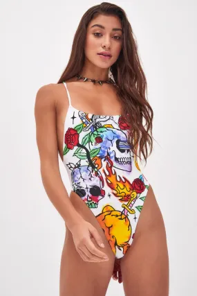 Graffiti Skull Print Square Neck Swimsuit