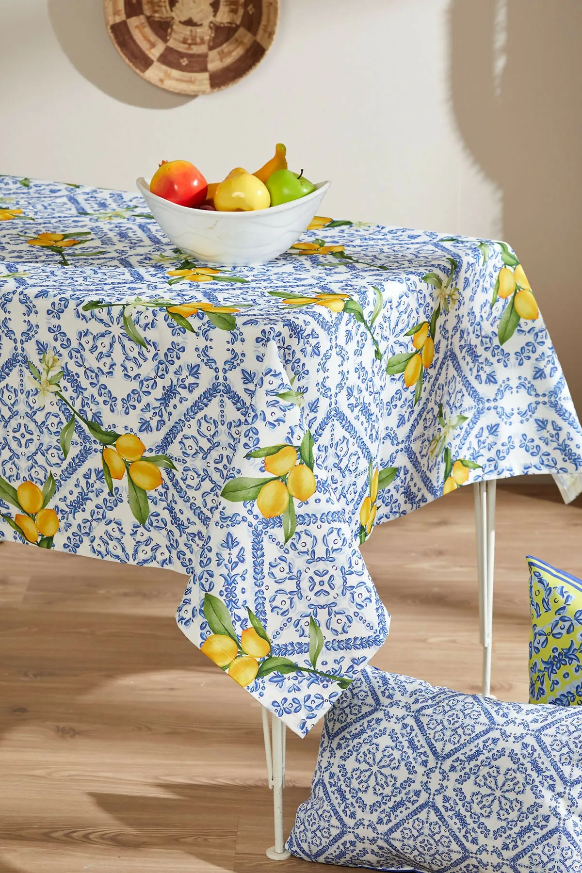 Italian Lemons and Blue Patterned Tablecloth Perfect for Spring and Summer Decorating