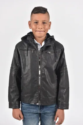 Kid's Black Hooded Washed Biker Jacket with Fur Lining