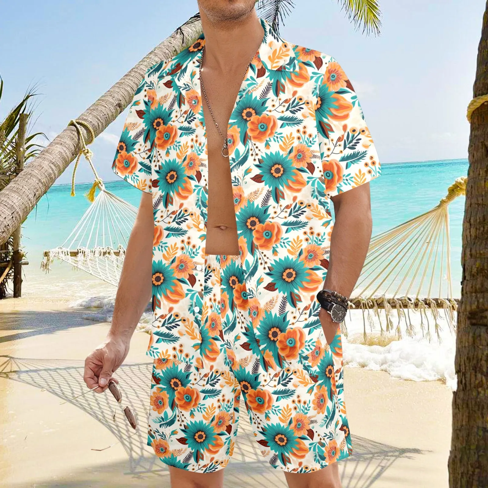 Men's Shirt & Shorts Set Retro Boho Flowers Men's Shirt and Shorts Outfit (Set26)