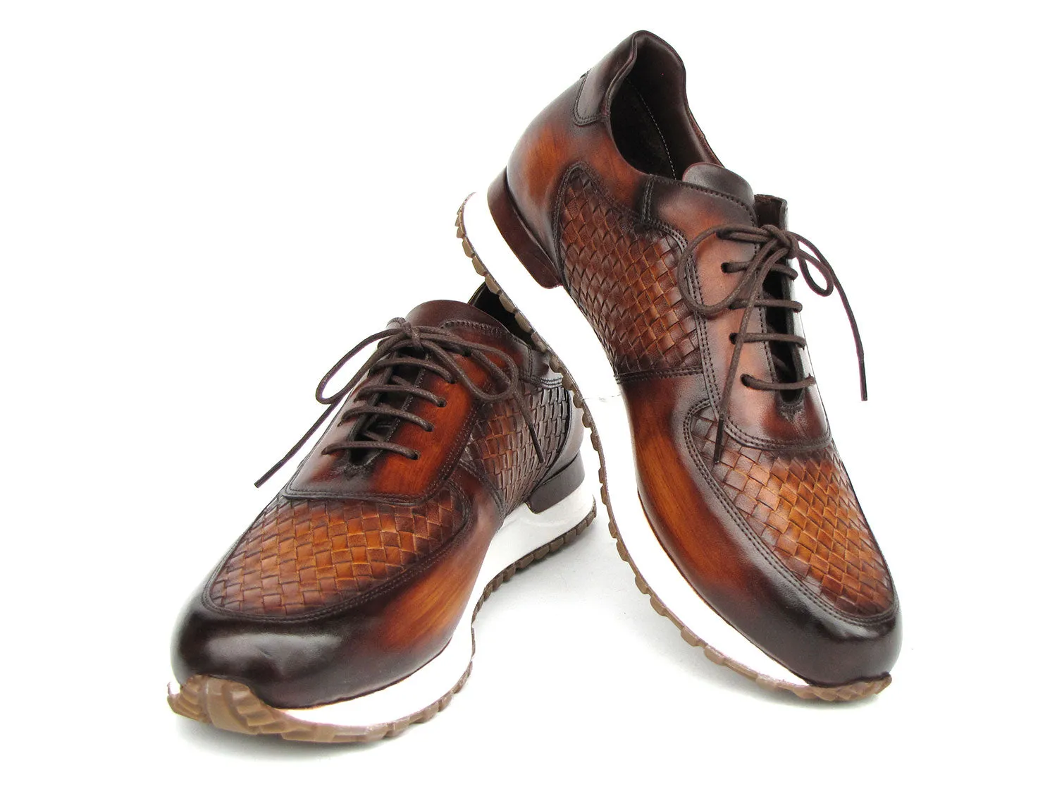 Paul Parkman Men's Brown Hand-Painted Woven Leather Sneakers