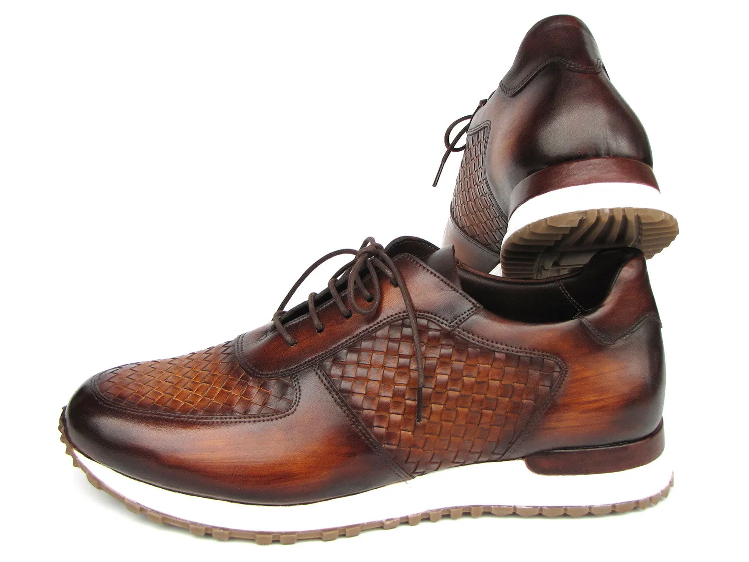 Paul Parkman Men's Brown Hand-Painted Woven Leather Sneakers