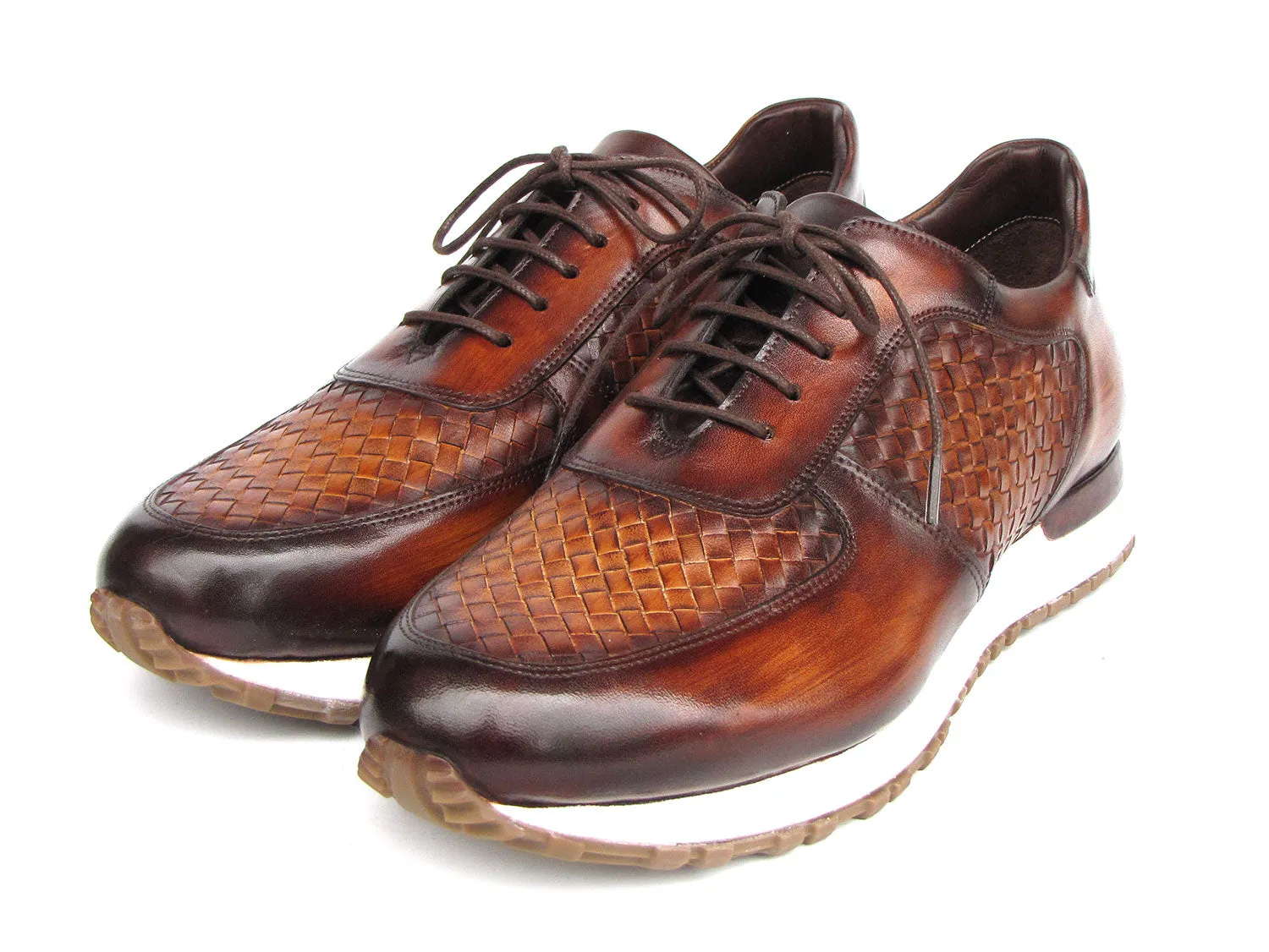 Paul Parkman Men's Brown Hand-Painted Woven Leather Sneakers