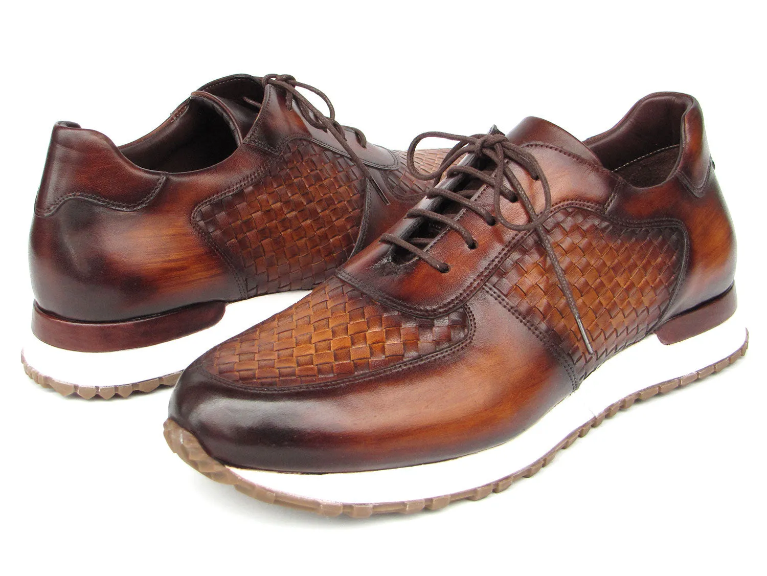 Paul Parkman Men's Brown Hand-Painted Woven Leather Sneakers