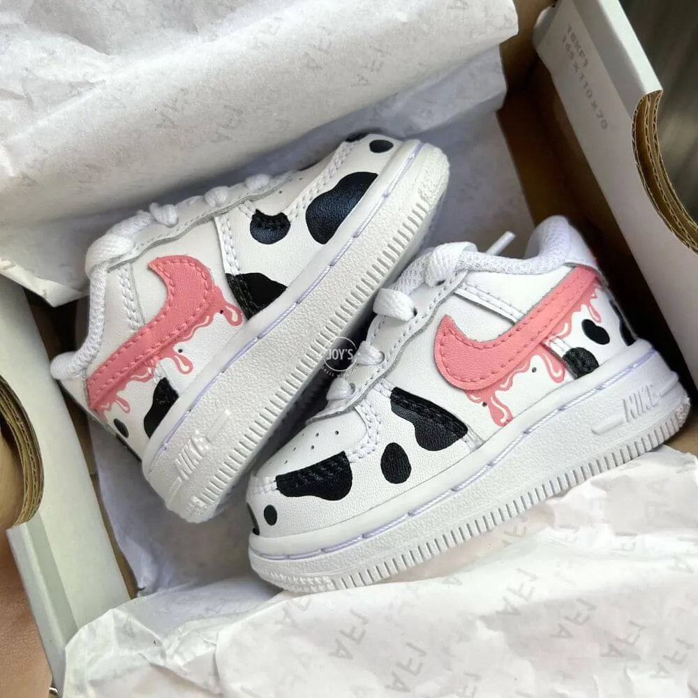 Pink Drip Cow Print Custom Air Force 1 Sneakers. Baby, Toddler, Little Kids