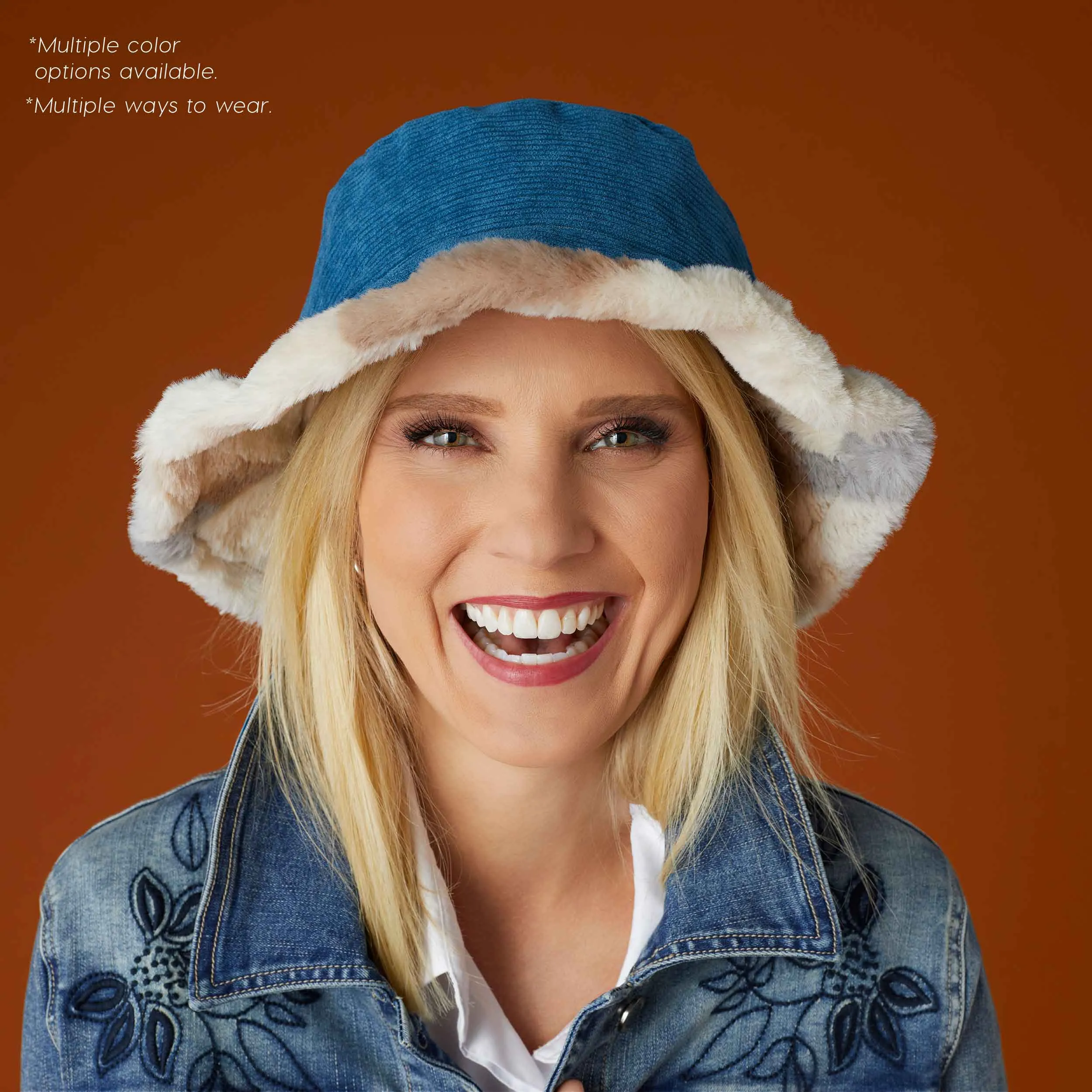 Plaid Faux Fur Reversible Hat - Blue