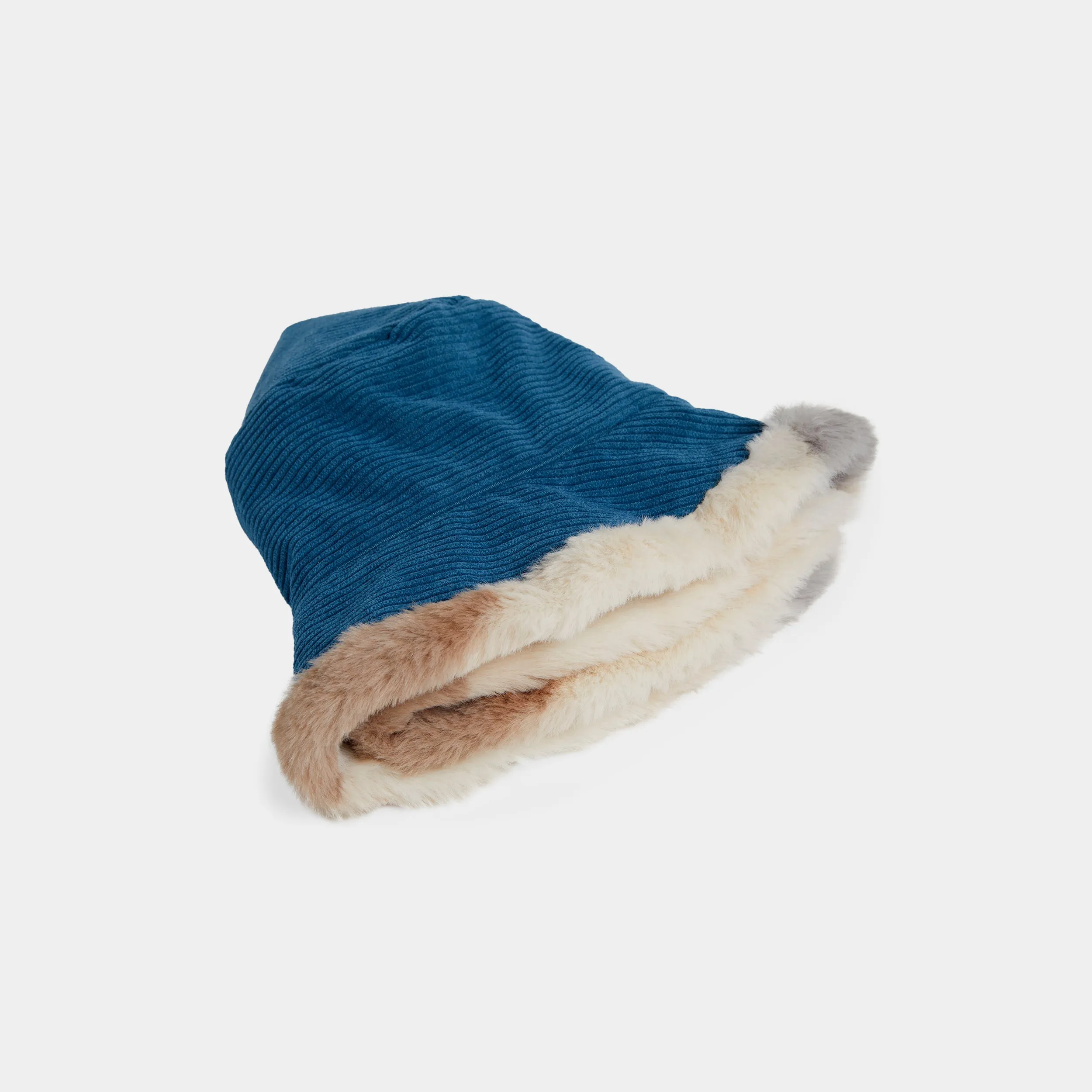 Plaid Faux Fur Reversible Hat - Blue