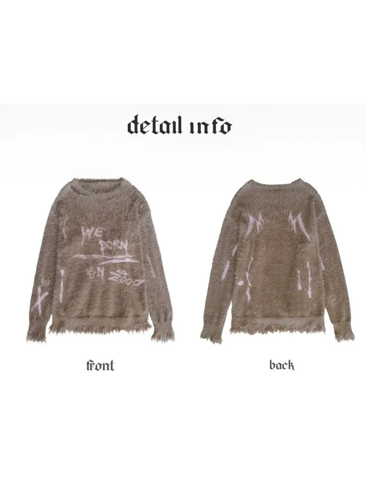 Punk Graffiti Jacquard Mink Lazy Pullover Sweater Chocolate Brown【s0000003880】