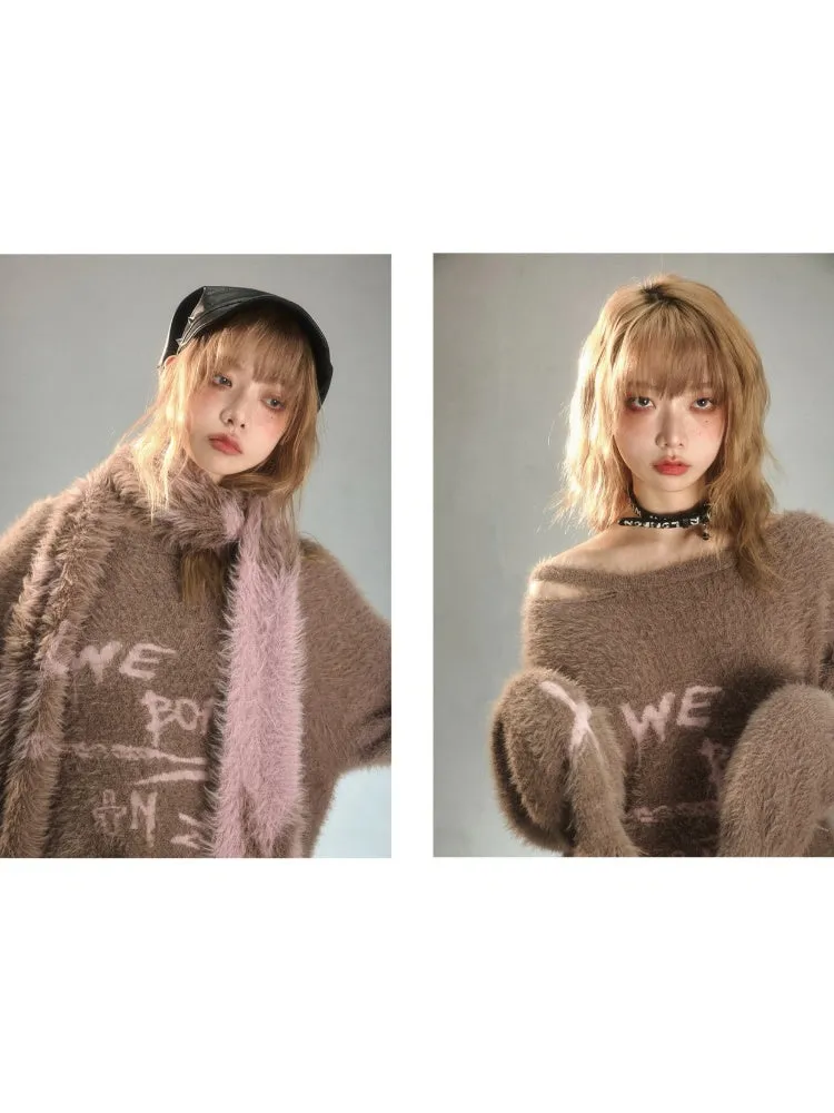 Punk Graffiti Jacquard Mink Lazy Pullover Sweater Chocolate Brown【s0000003880】