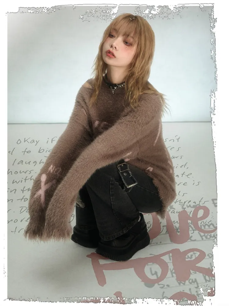 Punk Graffiti Jacquard Mink Lazy Pullover Sweater Chocolate Brown【s0000003880】