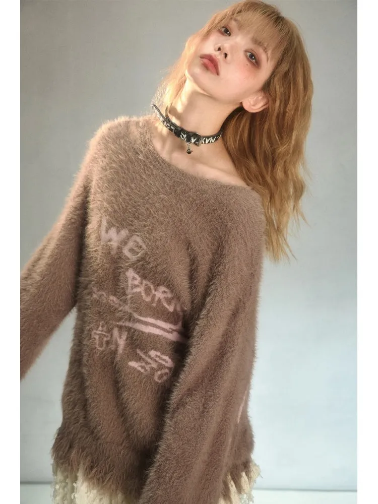 Punk Graffiti Jacquard Mink Lazy Pullover Sweater Chocolate Brown【s0000003880】