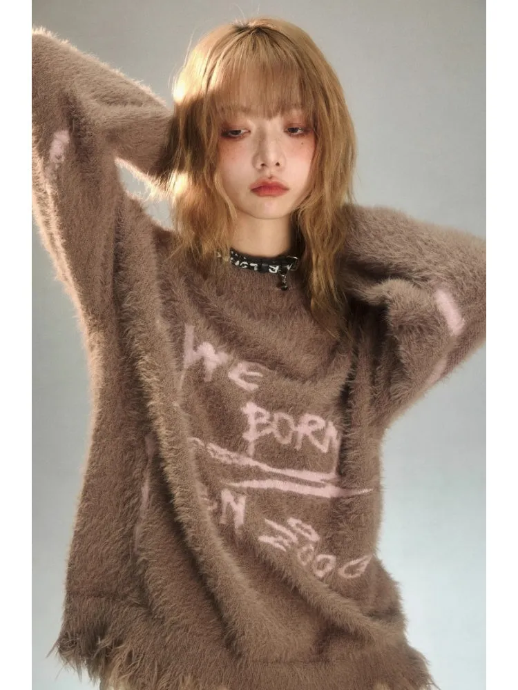 Punk Graffiti Jacquard Mink Lazy Pullover Sweater Chocolate Brown【s0000003880】