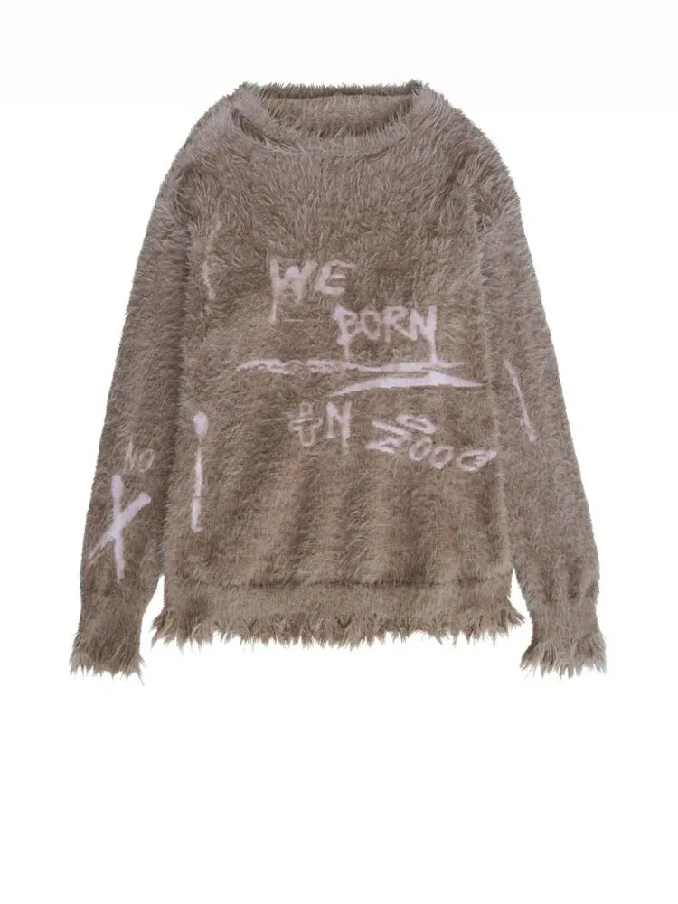 Punk Graffiti Jacquard Mink Lazy Pullover Sweater Chocolate Brown【s0000003880】