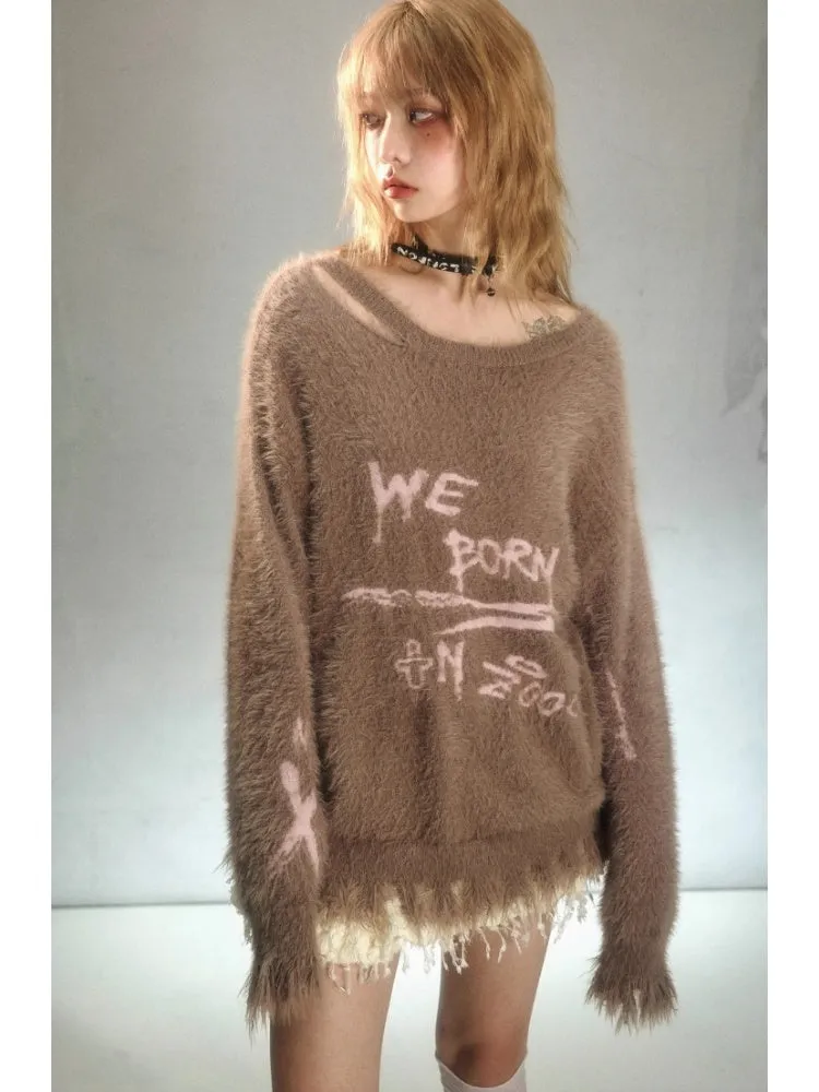 Punk Graffiti Jacquard Mink Lazy Pullover Sweater Chocolate Brown【s0000003880】