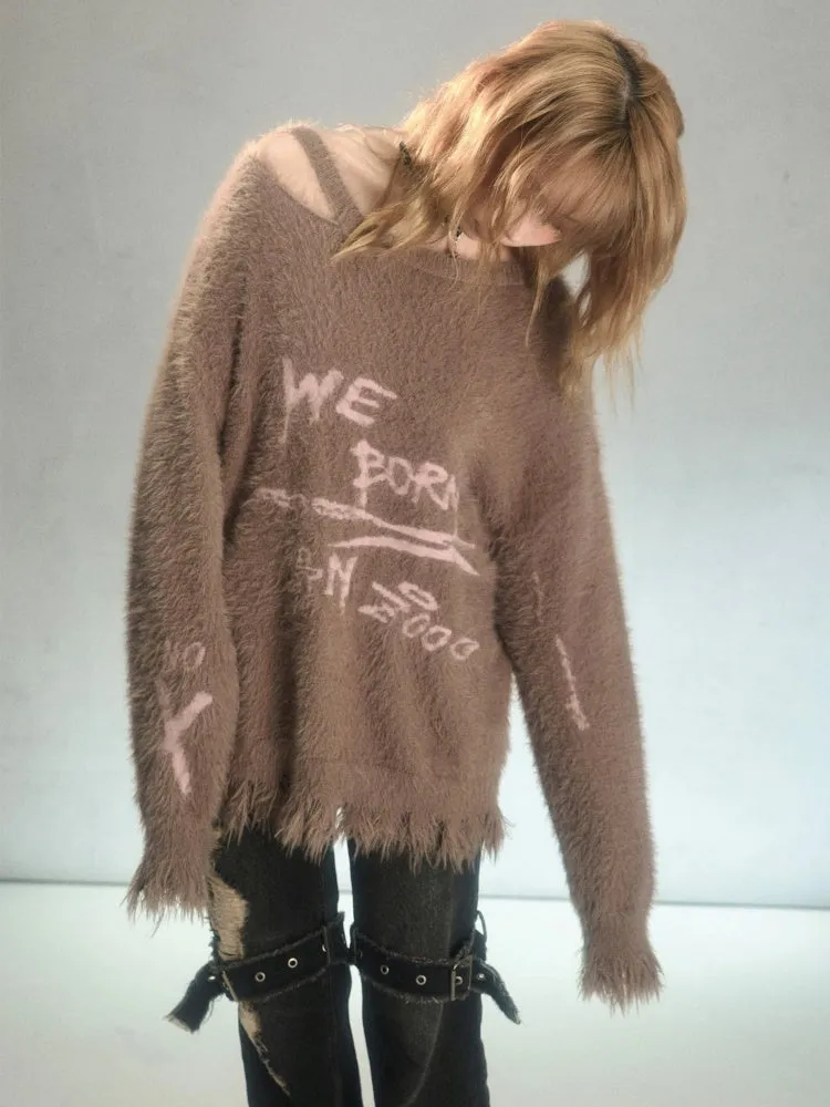 Punk Graffiti Jacquard Mink Lazy Pullover Sweater Chocolate Brown【s0000003880】