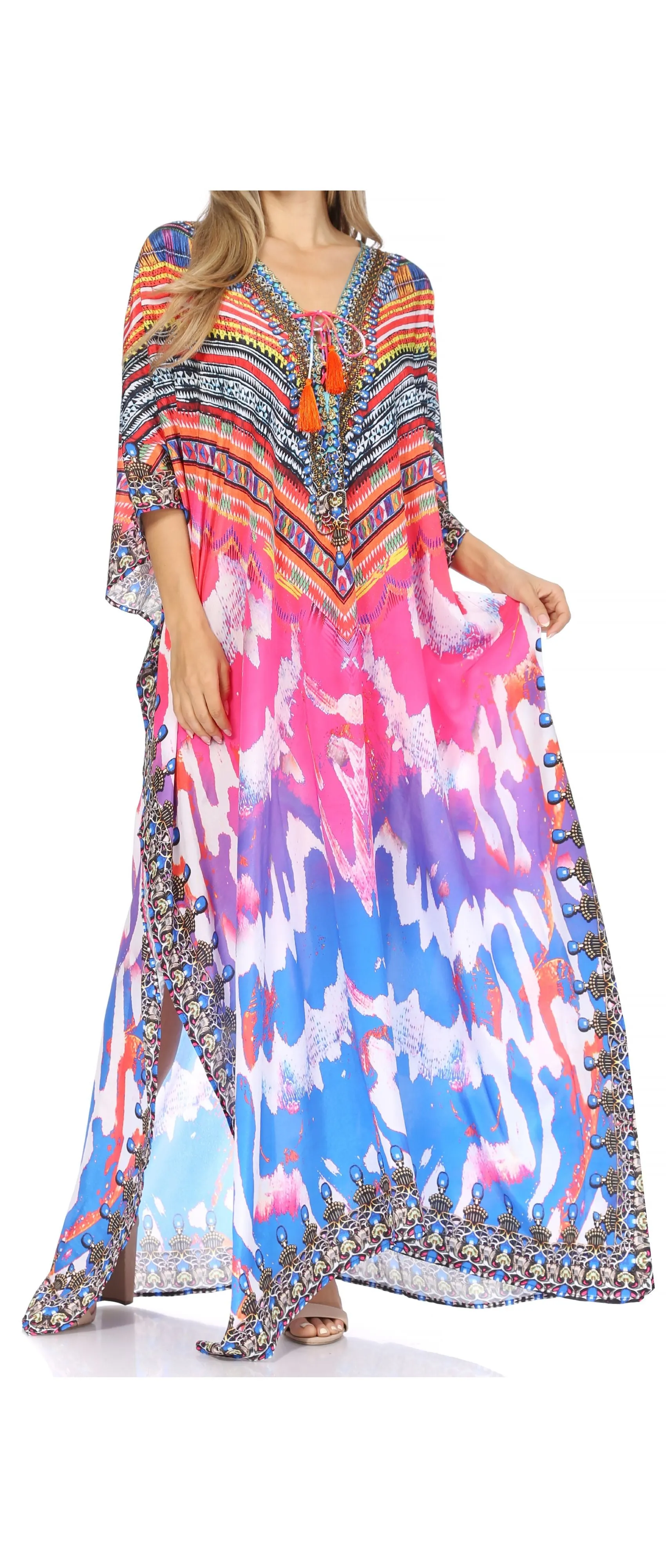 Sakkas Georgettina Flowy Rhinestone V Neck Long Caftan Dress/Cover Up