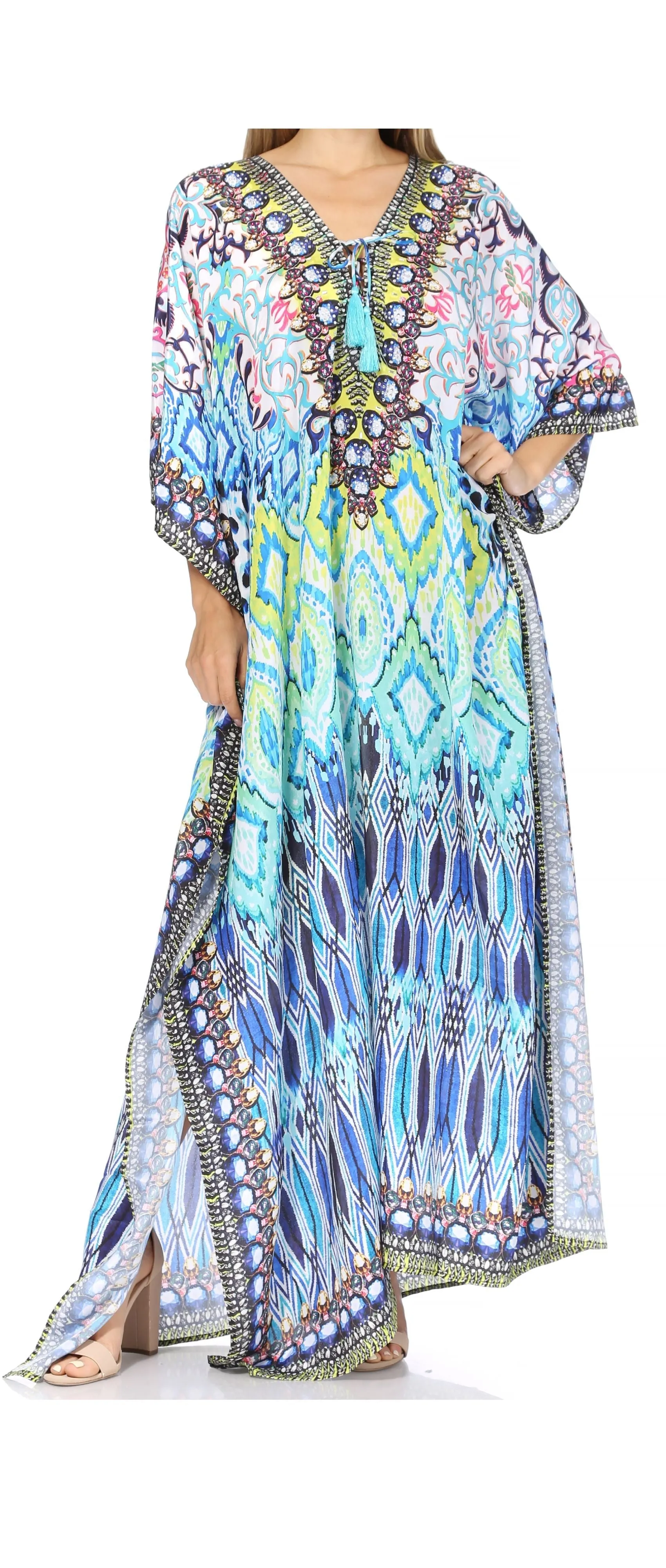 Sakkas Georgettina Flowy Rhinestone V Neck Long Caftan Dress/Cover Up