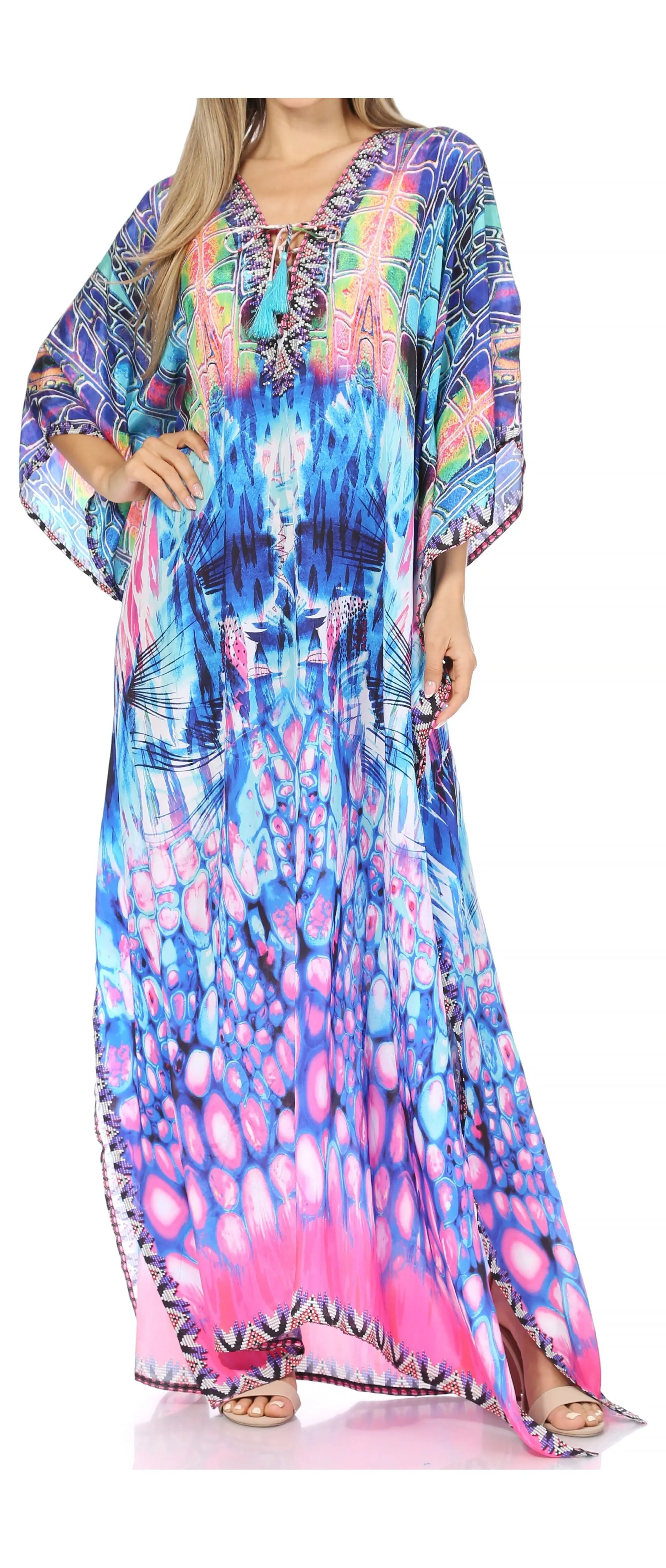 Sakkas Georgettina Flowy Rhinestone V Neck Long Caftan Dress/Cover Up