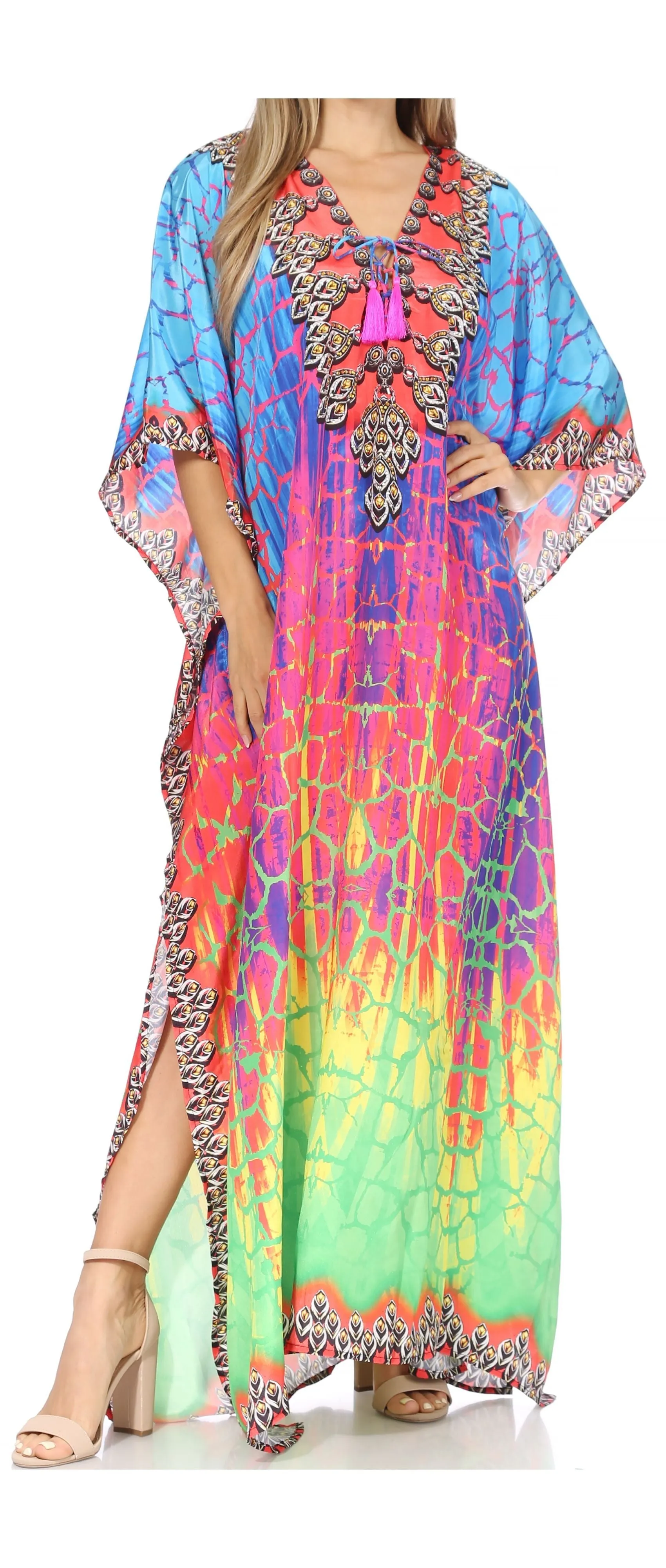 Sakkas Georgettina Flowy Rhinestone V Neck Long Caftan Dress/Cover Up