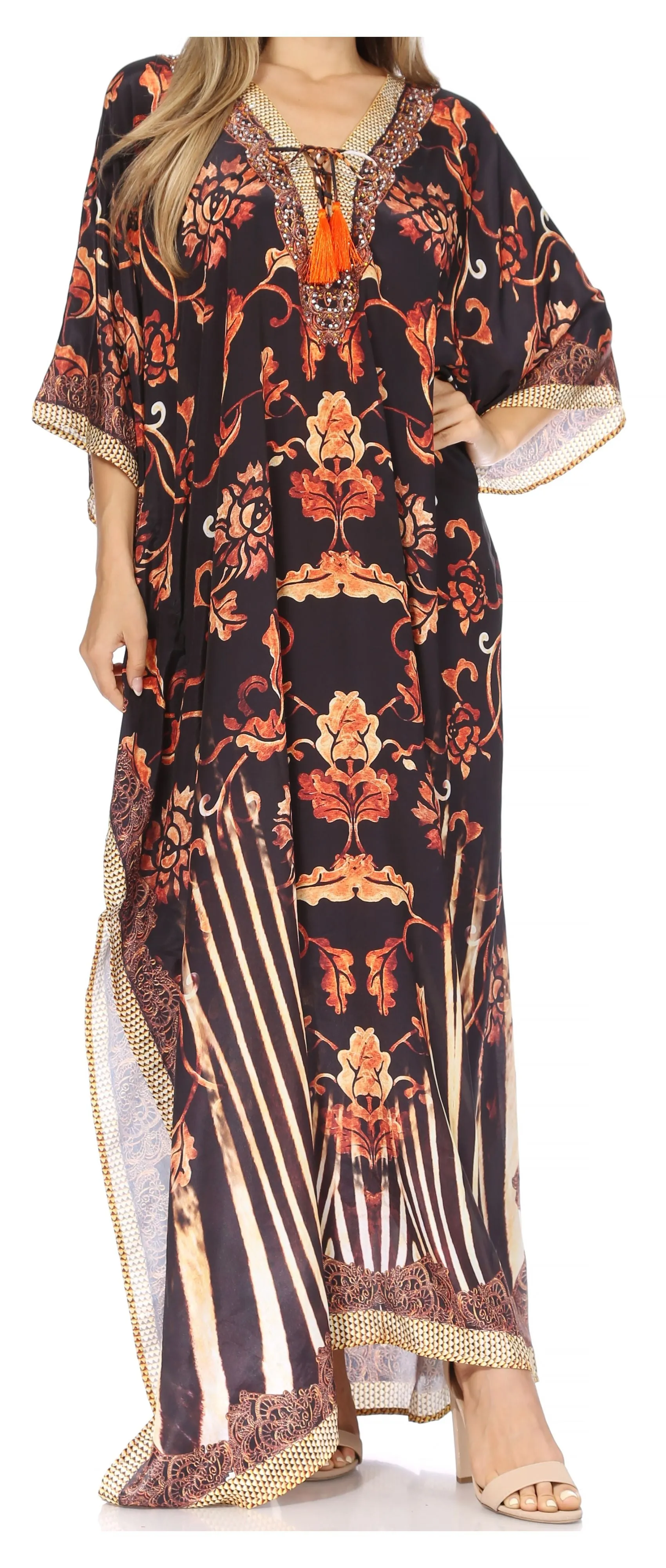 Sakkas Georgettina Flowy Rhinestone V Neck Long Caftan Dress/Cover Up