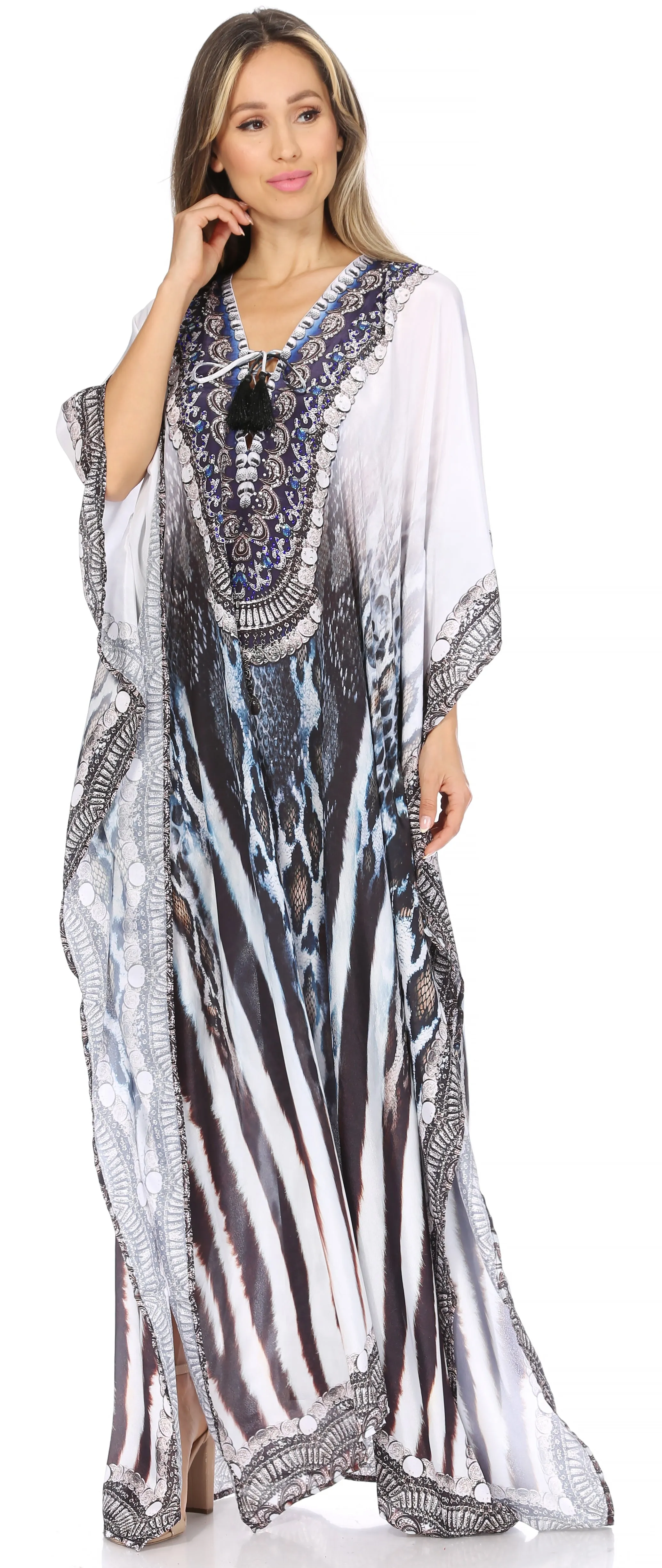 Sakkas Georgettina Flowy Rhinestone V Neck Long Caftan Dress/Cover Up