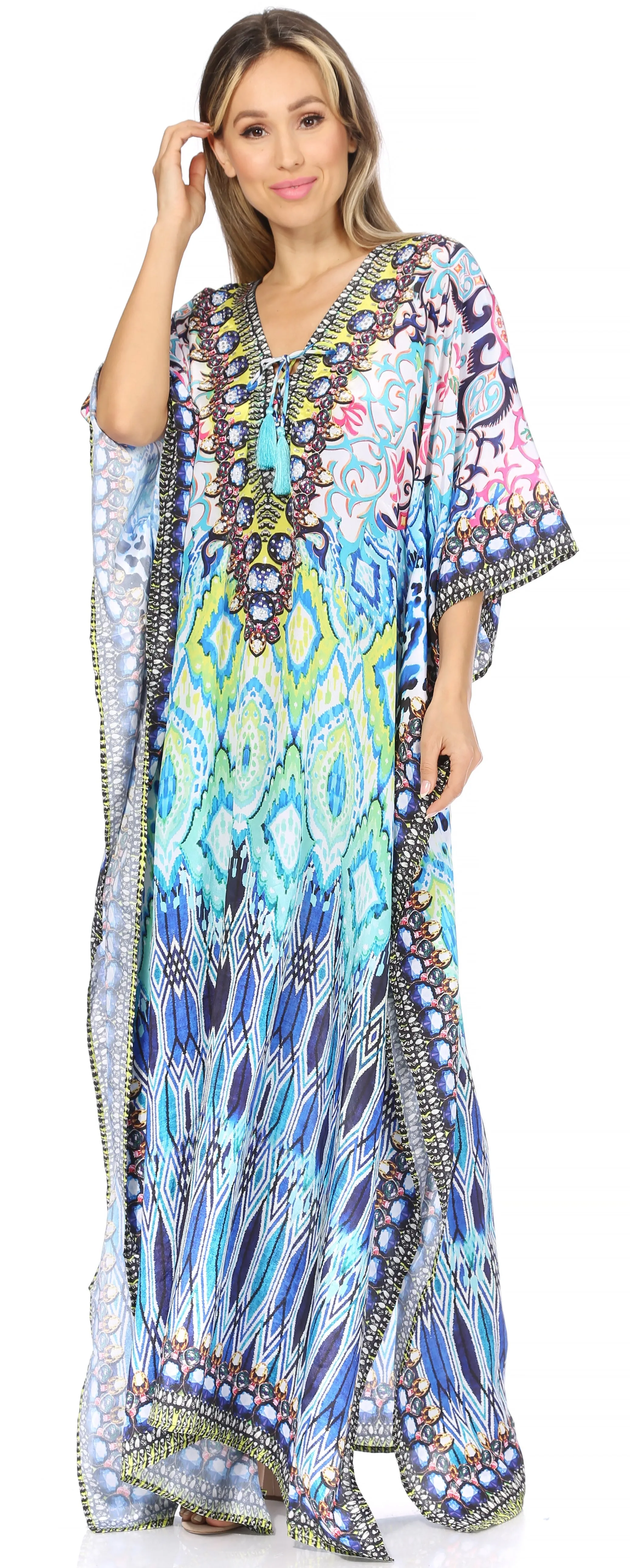 Sakkas Georgettina Flowy Rhinestone V Neck Long Caftan Dress/Cover Up