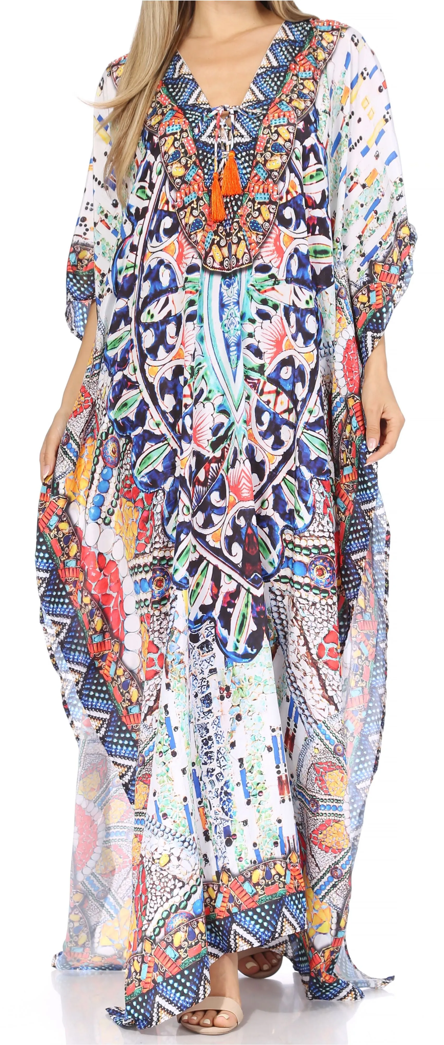 Sakkas Georgettina Flowy Rhinestone V Neck Long Caftan Dress/Cover Up