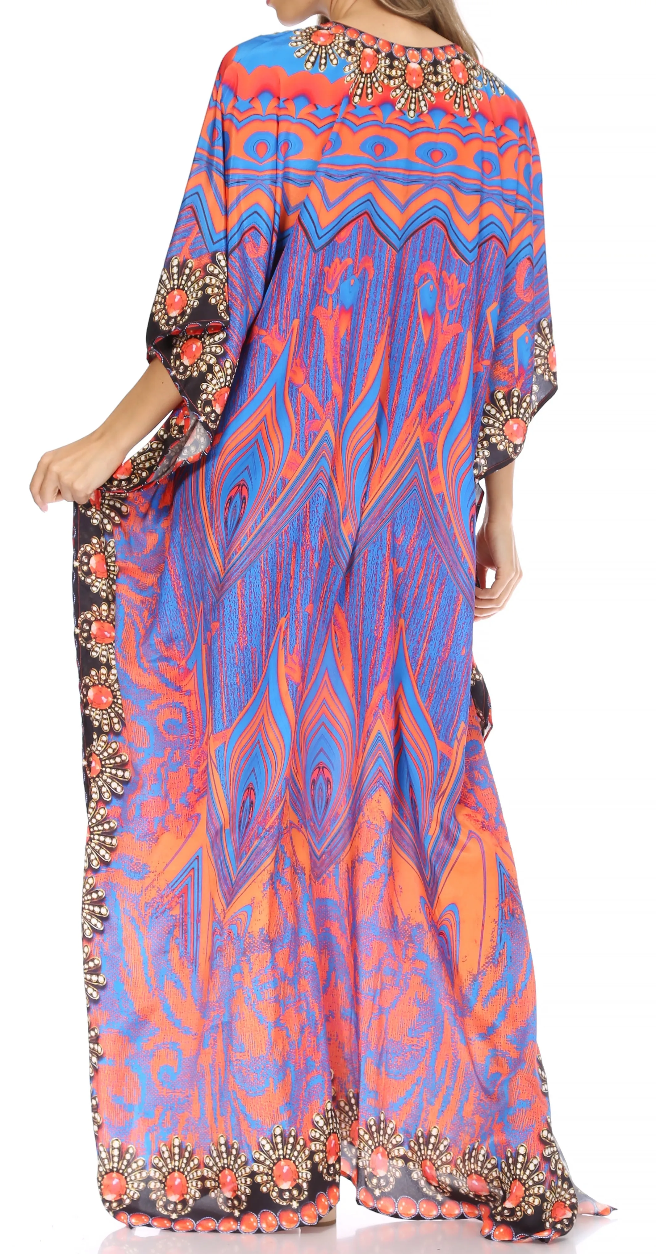 Sakkas Georgettina Flowy Rhinestone V Neck Long Caftan Dress/Cover Up