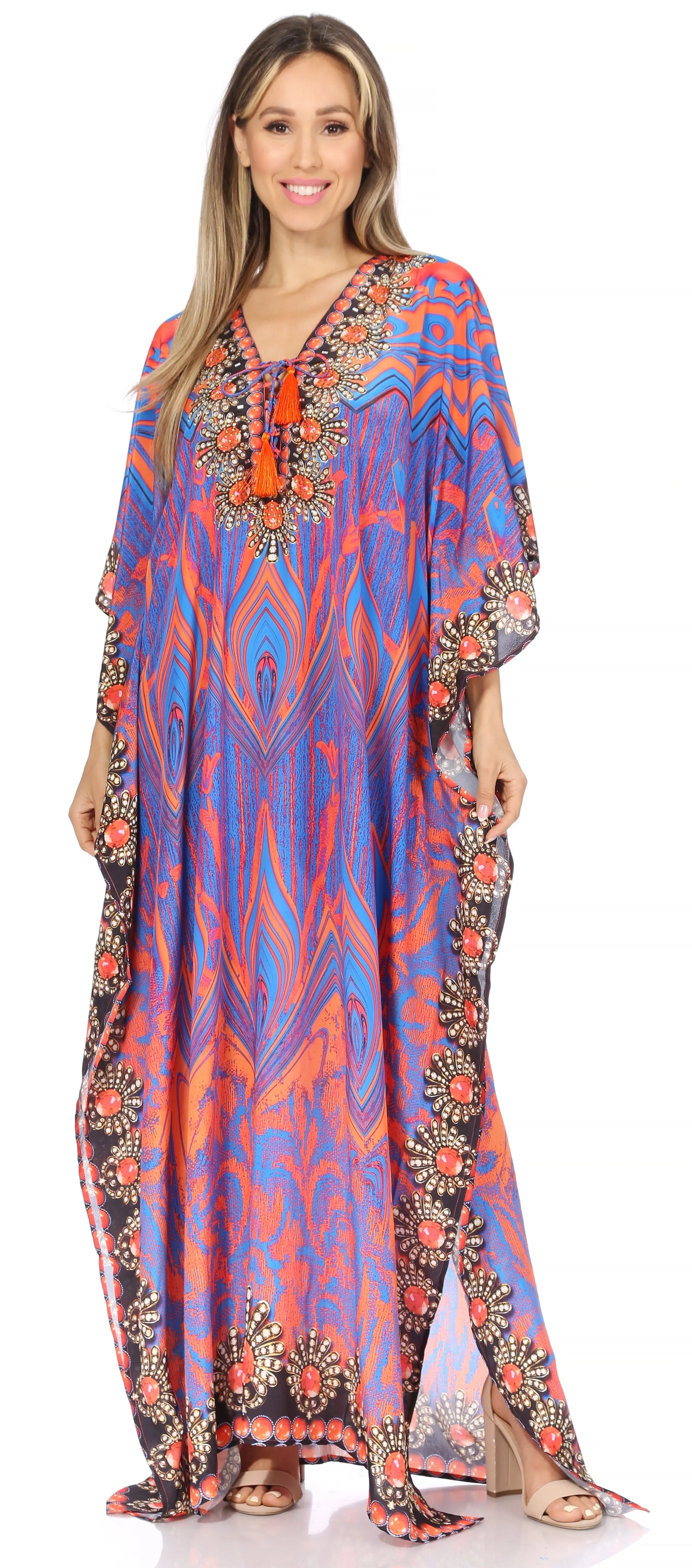 Sakkas Georgettina Flowy Rhinestone V Neck Long Caftan Dress/Cover Up