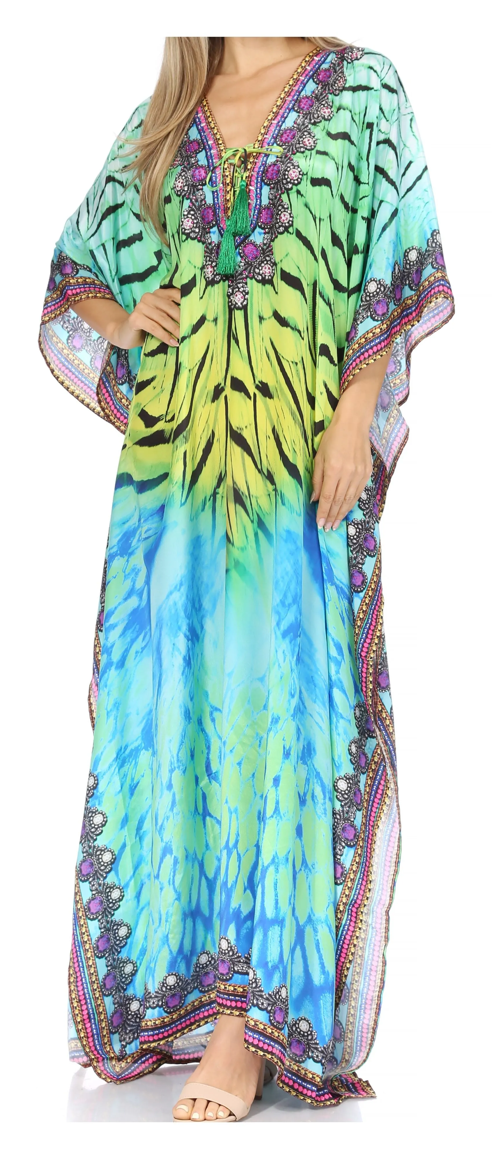 Sakkas Georgettina Flowy Rhinestone V Neck Long Caftan Dress/Cover Up