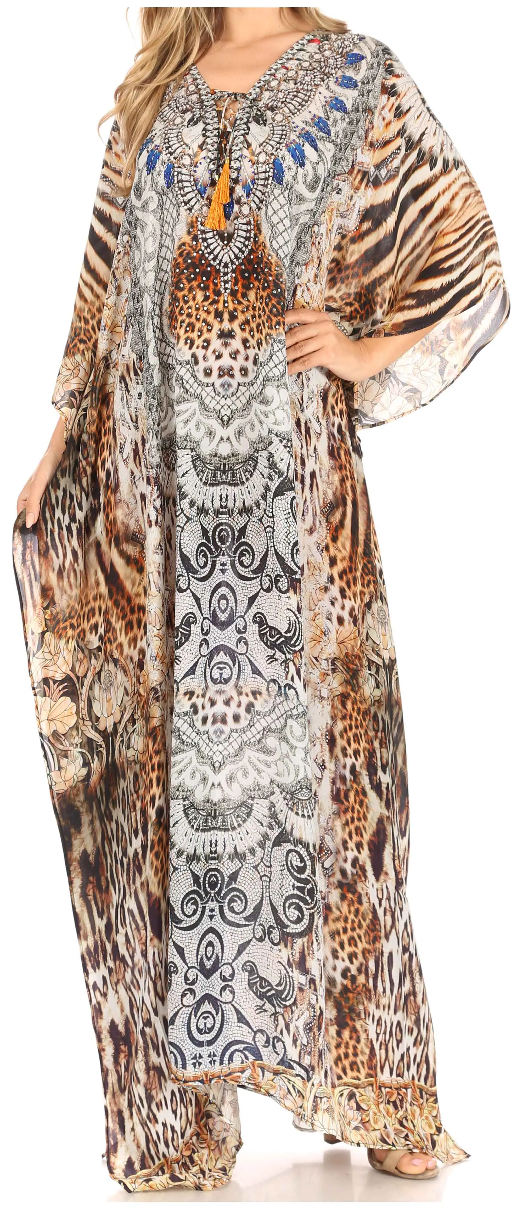 Sakkas Georgettina Flowy Rhinestone V Neck Long Caftan Dress/Cover Up