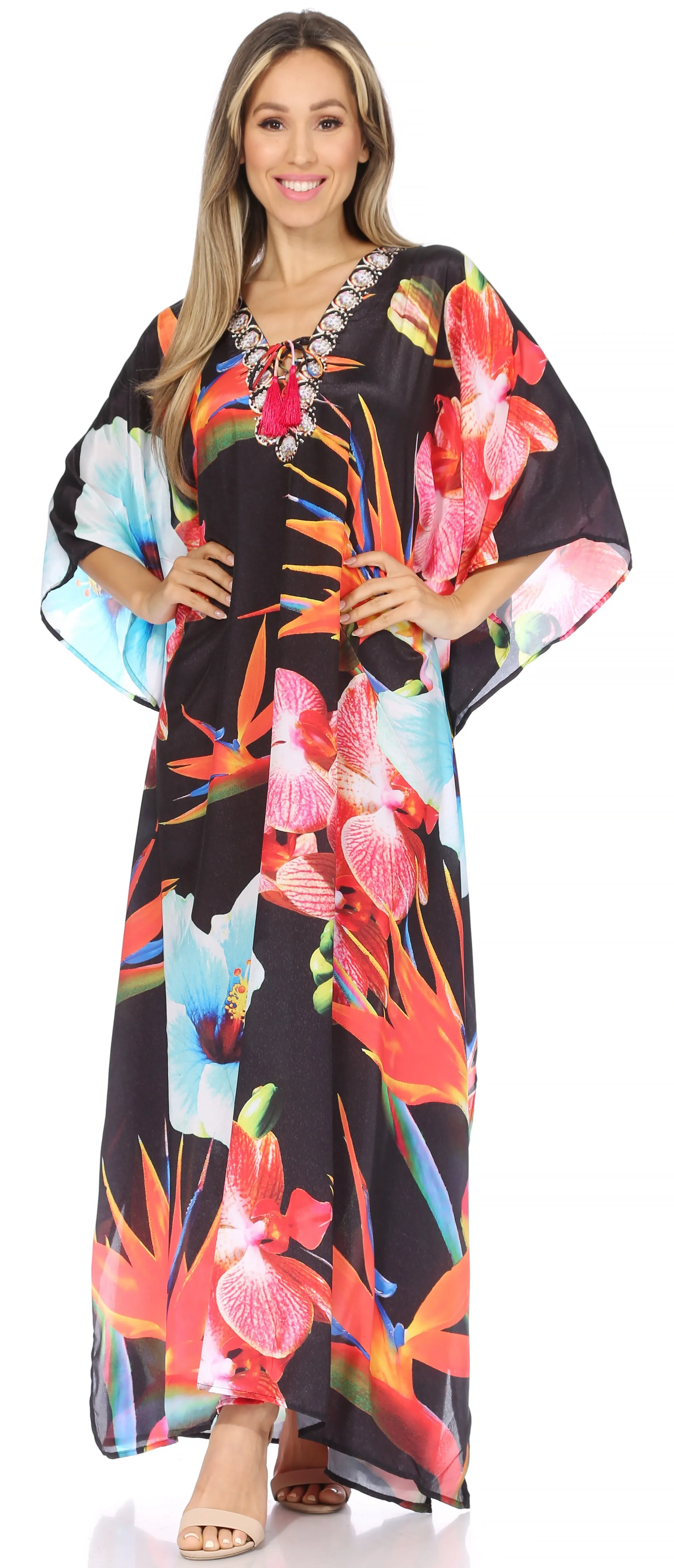 Sakkas Georgettina Flowy Rhinestone V Neck Long Caftan Dress/Cover Up