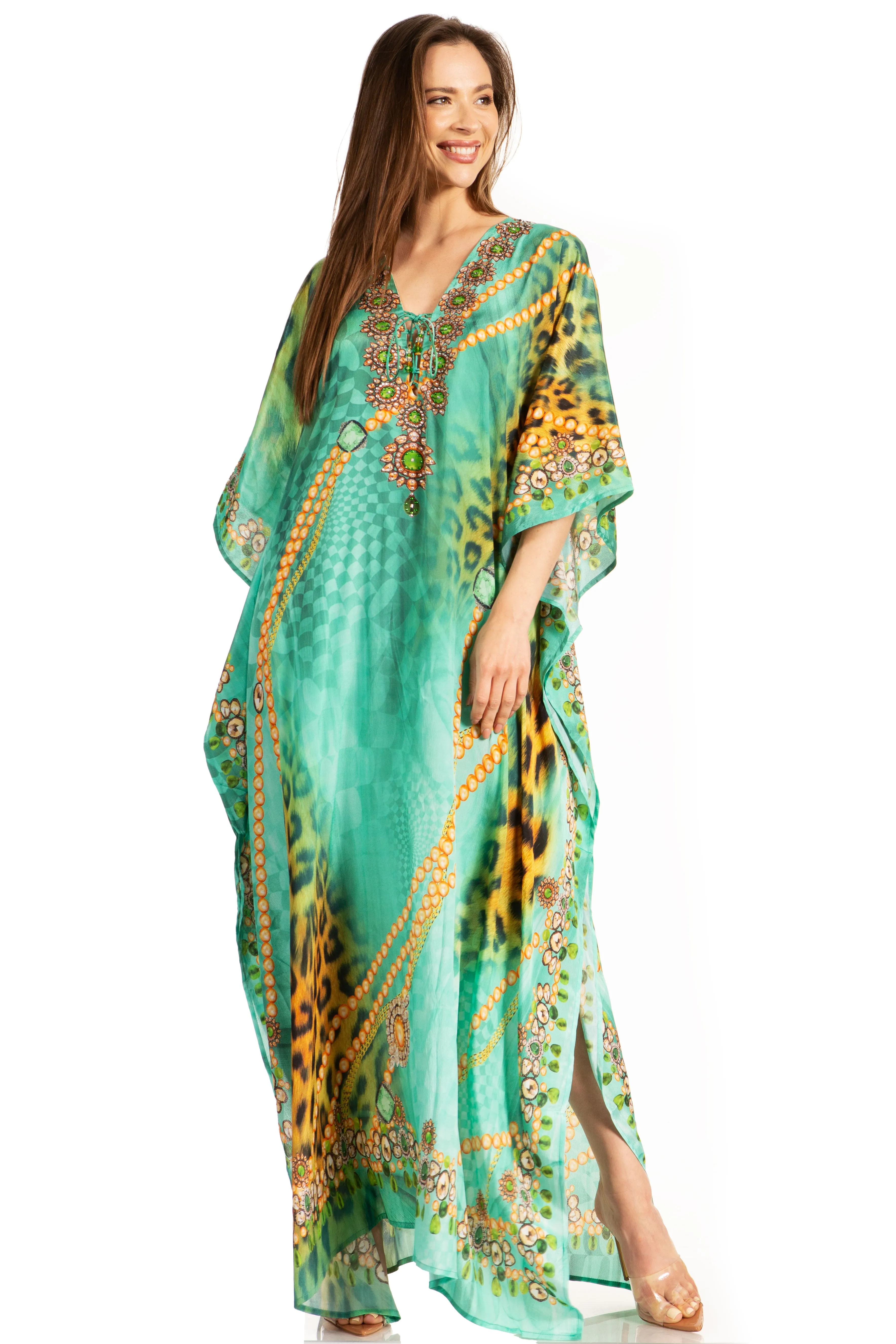 Sakkas Georgettina Flowy Rhinestone V Neck Long Caftan Dress/Cover Up