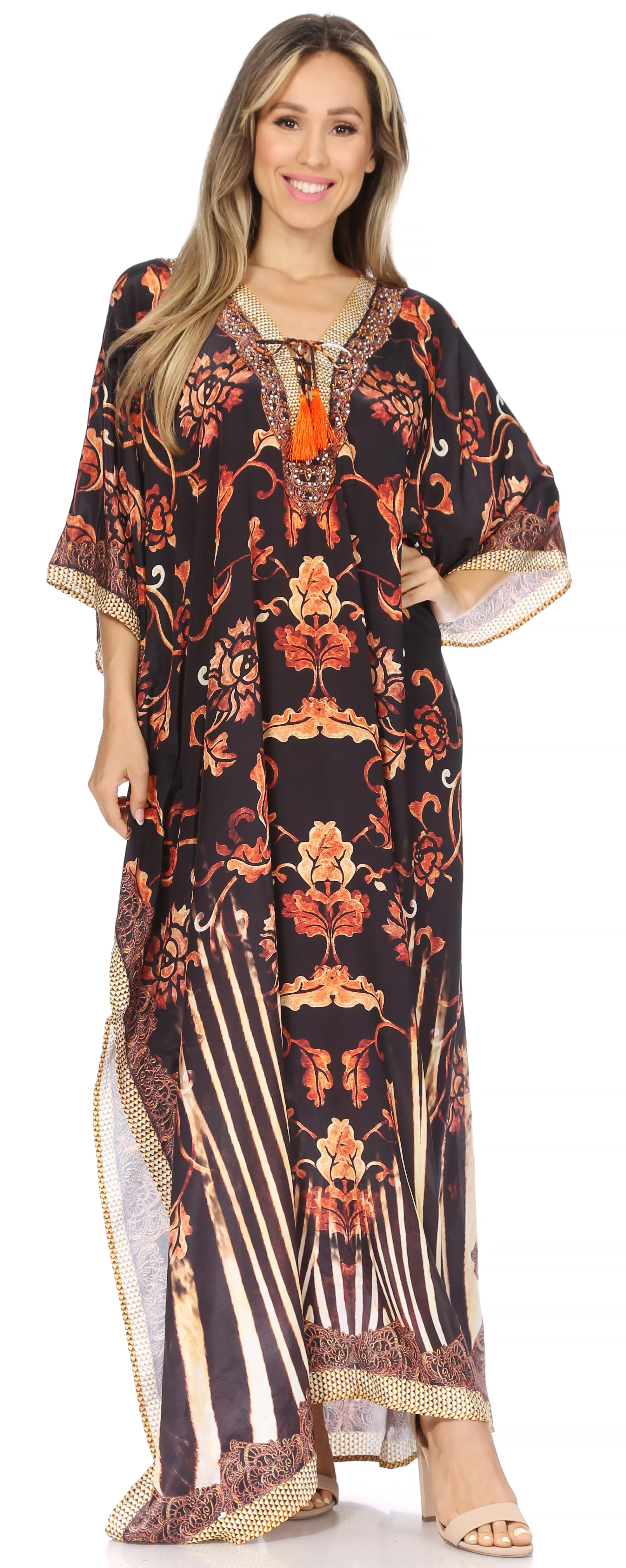 Sakkas Georgettina Flowy Rhinestone V Neck Long Caftan Dress/Cover Up