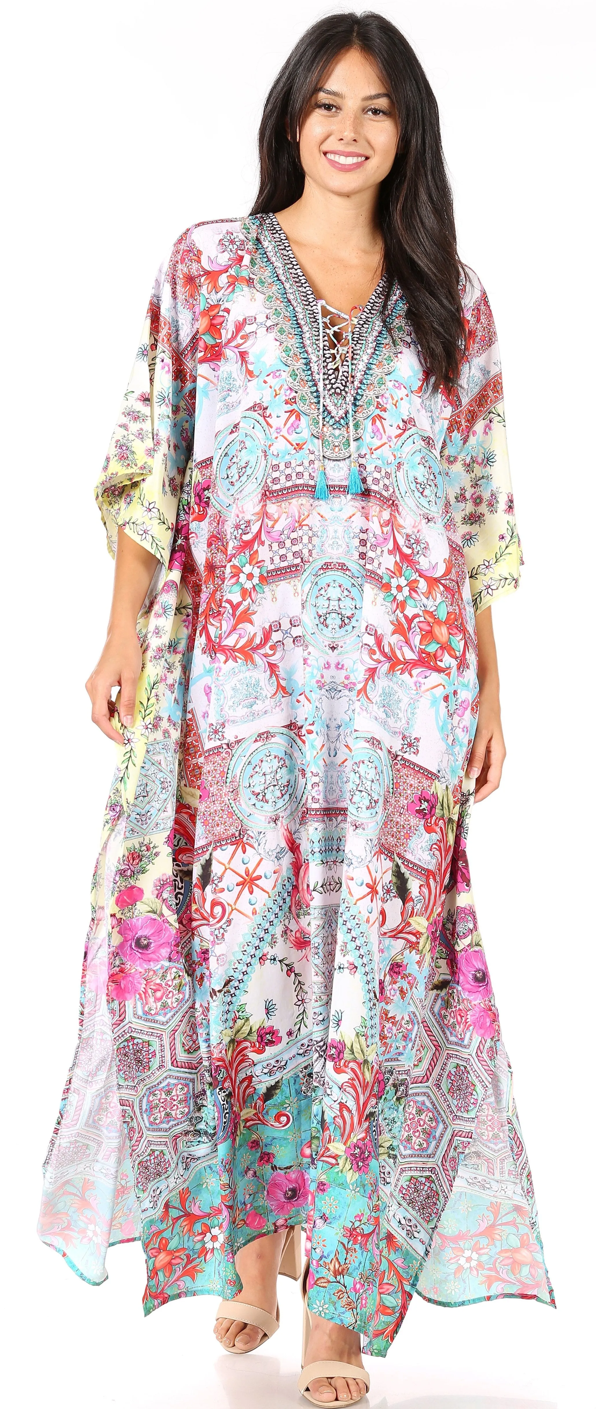 Sakkas Georgettina Flowy Rhinestone V Neck Long Caftan Dress/Cover Up