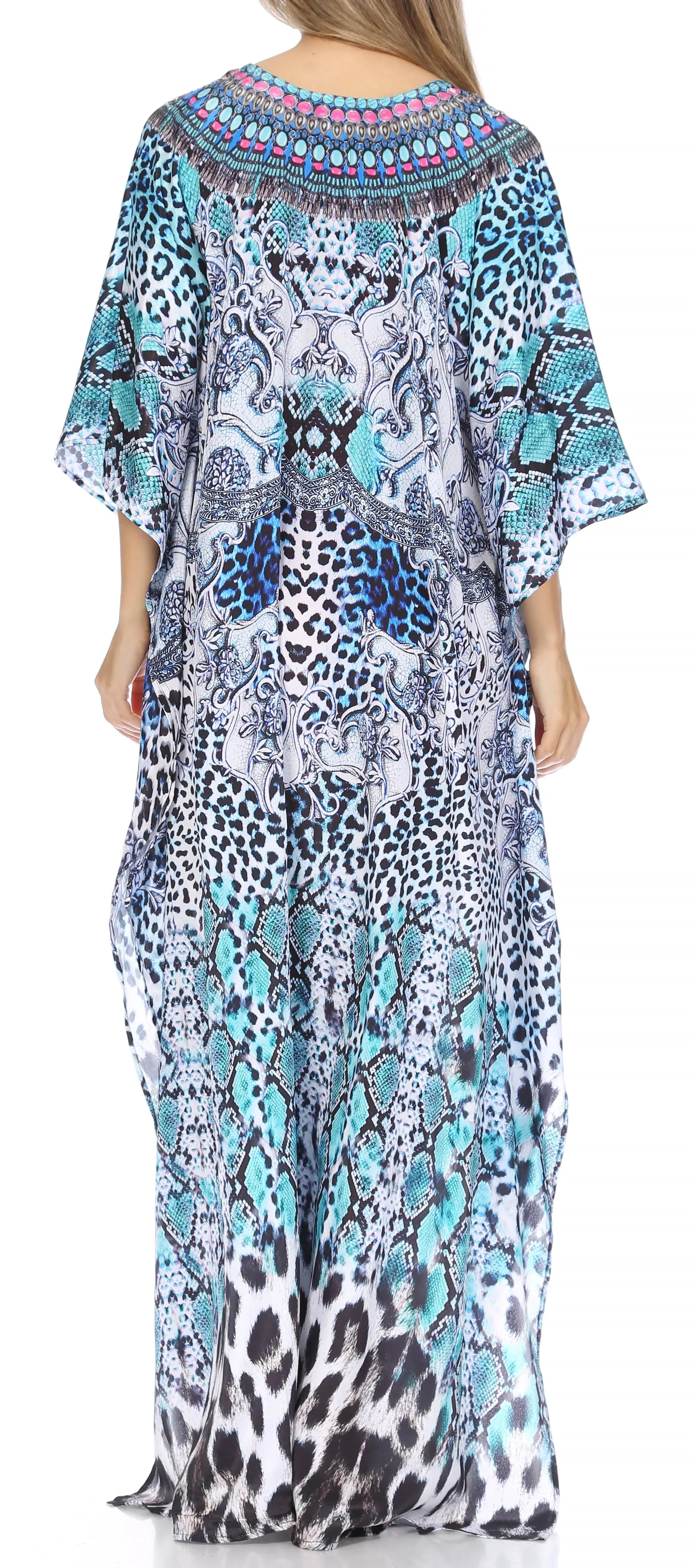 Sakkas Georgettina Flowy Rhinestone V Neck Long Caftan Dress/Cover Up